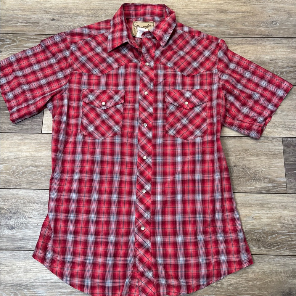 Wrangler Brand Red Plaid Short Sleeve Western Shirt- Pearl Snap Men's- Medium